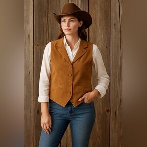 🤠 Brandon Thomas 100% Suede Leather Western Vest Tan‎ Brown M✨